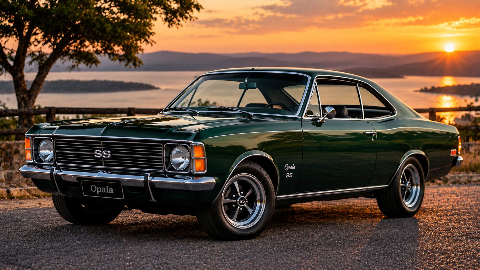 Chevrolet Opala SS verde restaurado pela ESG Restauração, ao pôr do sol