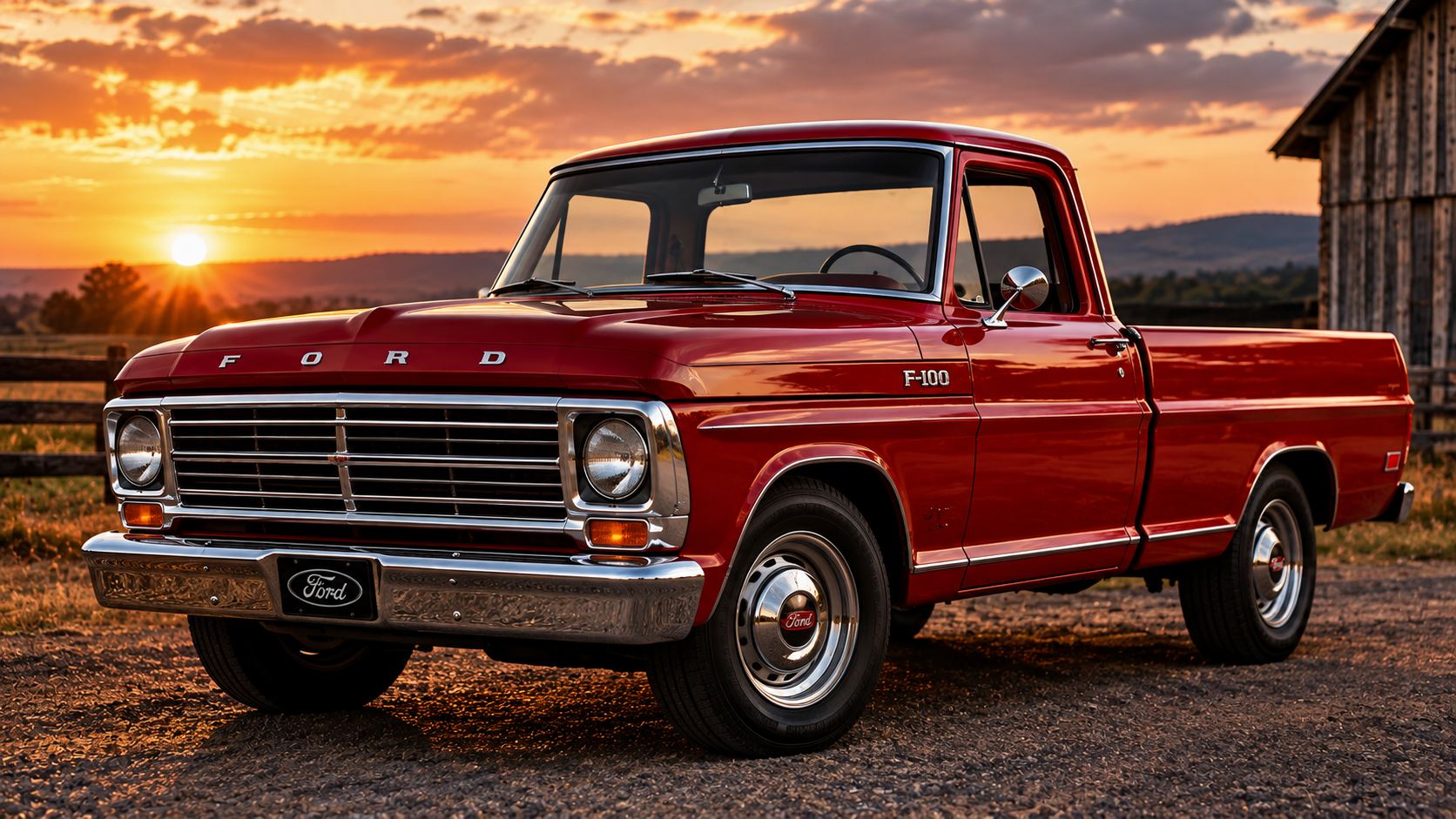 Ford F-100 vermelha restaurada, com carroceria e pintura refeitas, ao pôr do sol