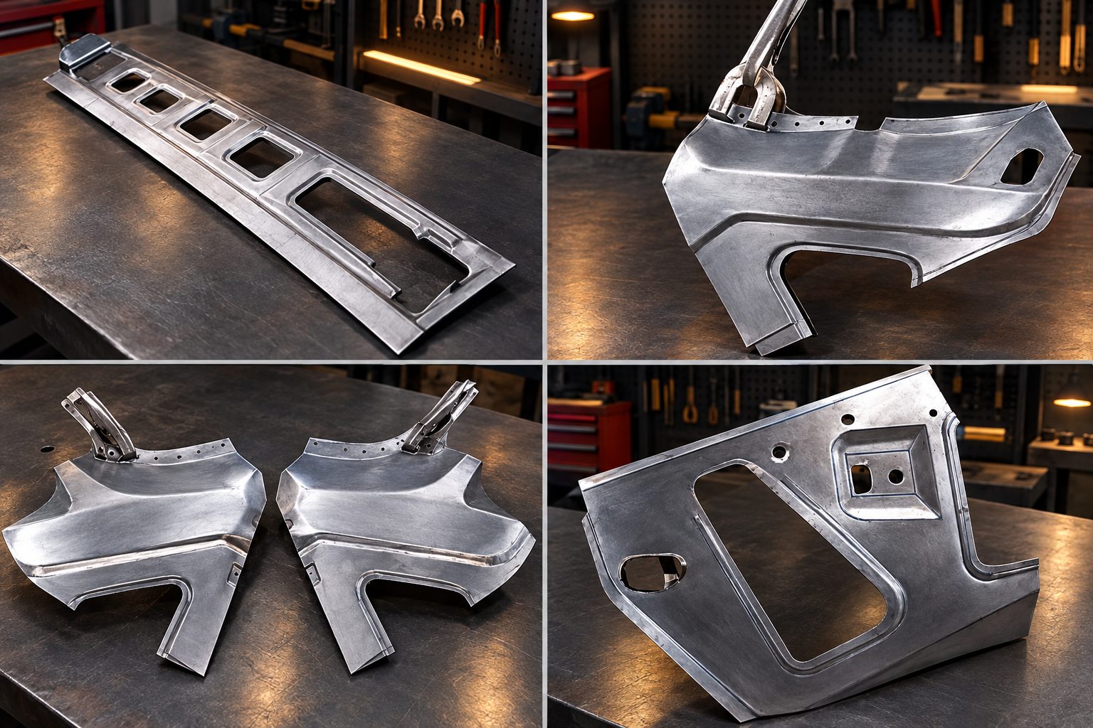 Quatro peças de lataria conformadas à mão para um Ford Mustang Fastback 1970: travessa com recortes, painéis internos do teto esquerdo e direito e painel estrutural com reforços
